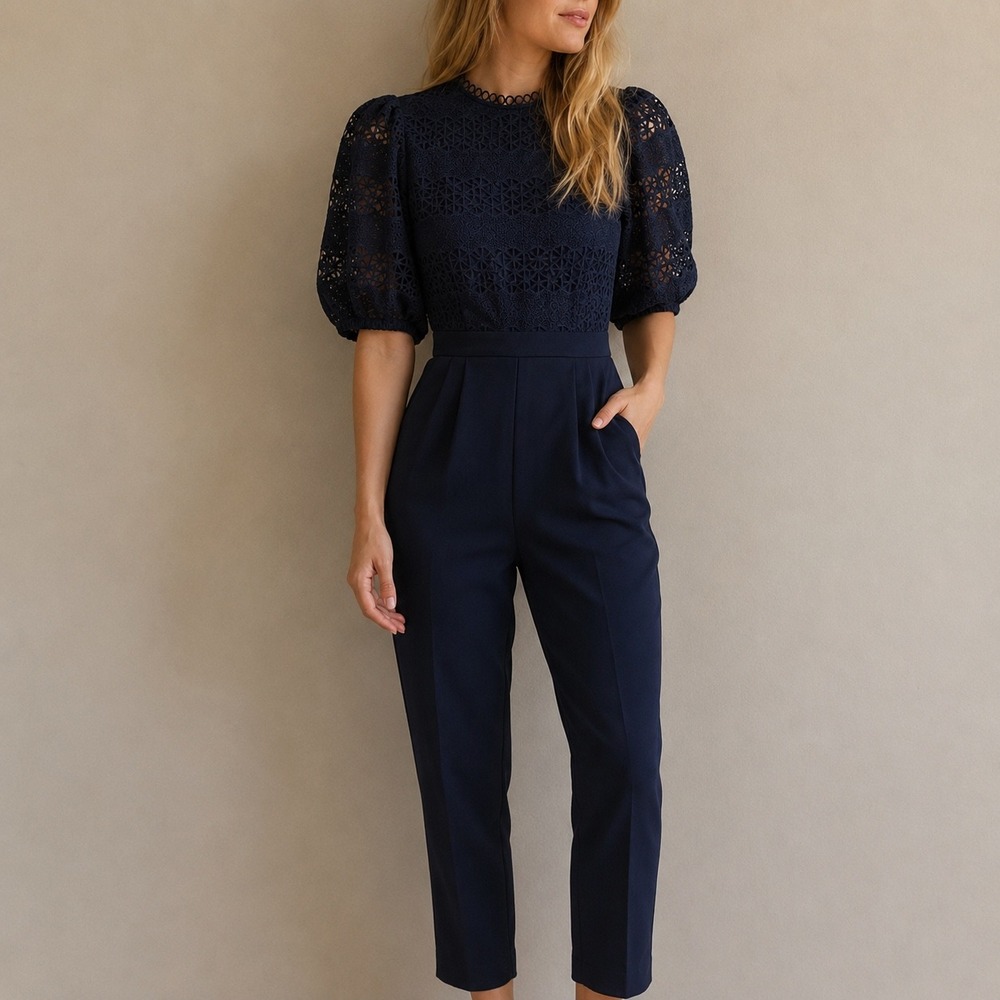 Express Navy Blue Lace Bodice Cropped Jumpsuit Puff Sleeve MP Petite Cocktail